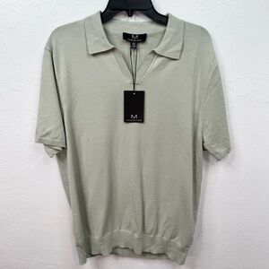 M Magaschoni Men's Size M Johnny Collar Knit Polo Shirt Sage Green Short Sleeve